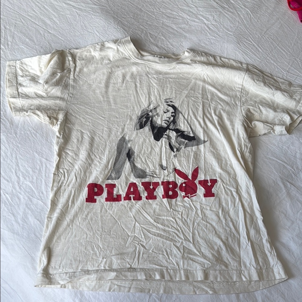 PLAYBOY Cream Short Sleeve Tee Casual Graphic Tee Shirt
